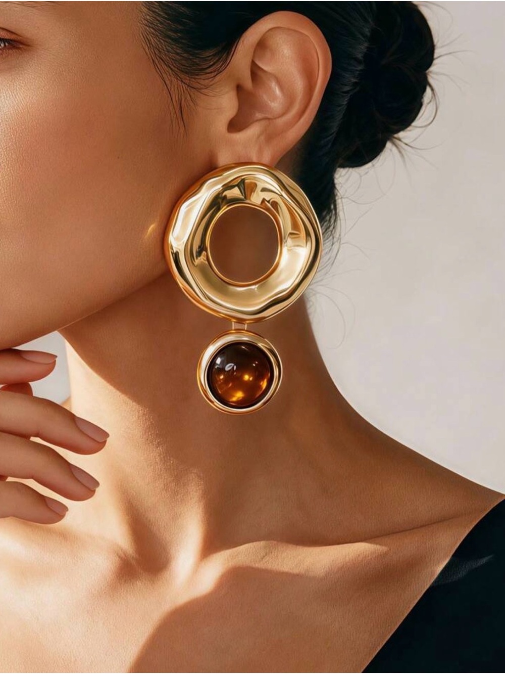 Gold Drop Statement Earrings with Amber Accent